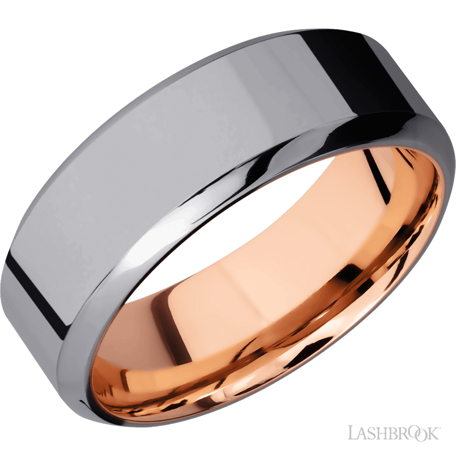 8 mm wide High Bevel Tantalum band featuring a 14K Rose Gold sleeve