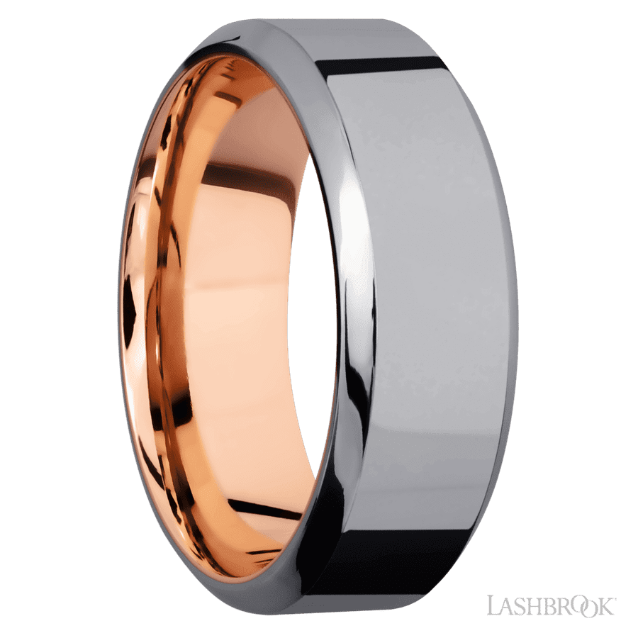 8 mm wide High Bevel Tantalum band featuring a 14K Rose Gold sleeve