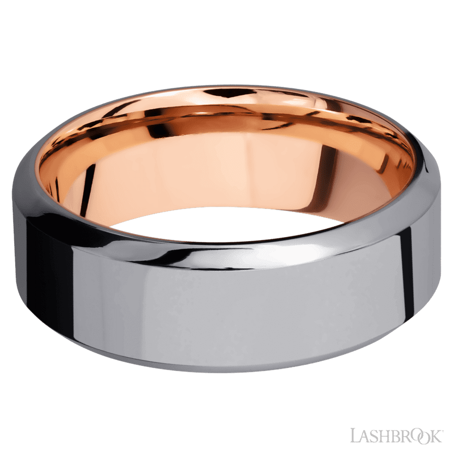 8 mm wide High Bevel Tantalum band featuring a 14K Rose Gold sleeve