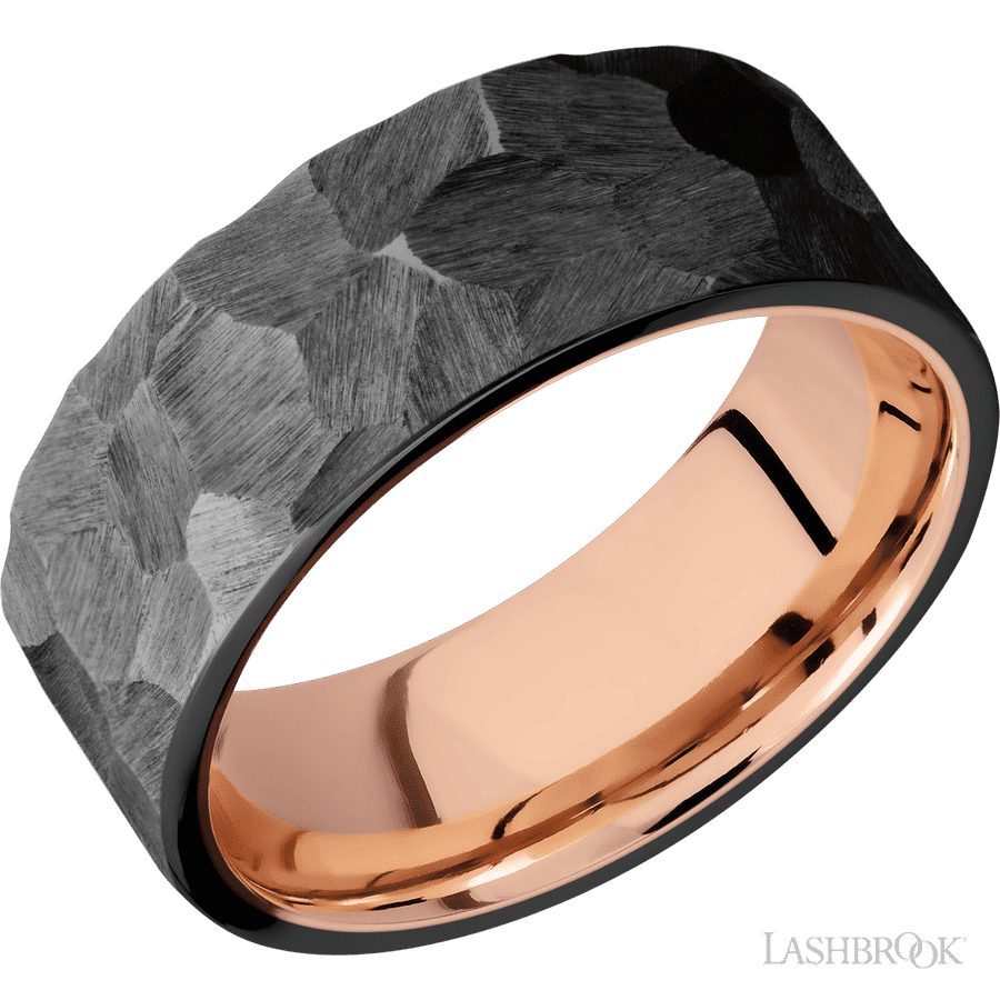 8 mm wide Flat Zirconium band featuring a 14K Rose Gold sleeve