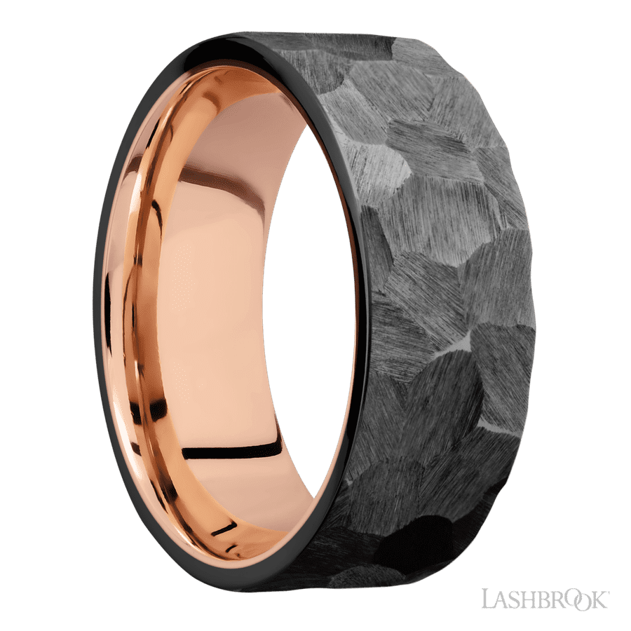 8 mm wide Flat Zirconium band featuring a 14K Rose Gold sleeve