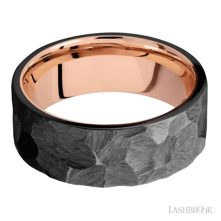 8 mm wide Flat Zirconium band featuring a 14K Rose Gold sleeve