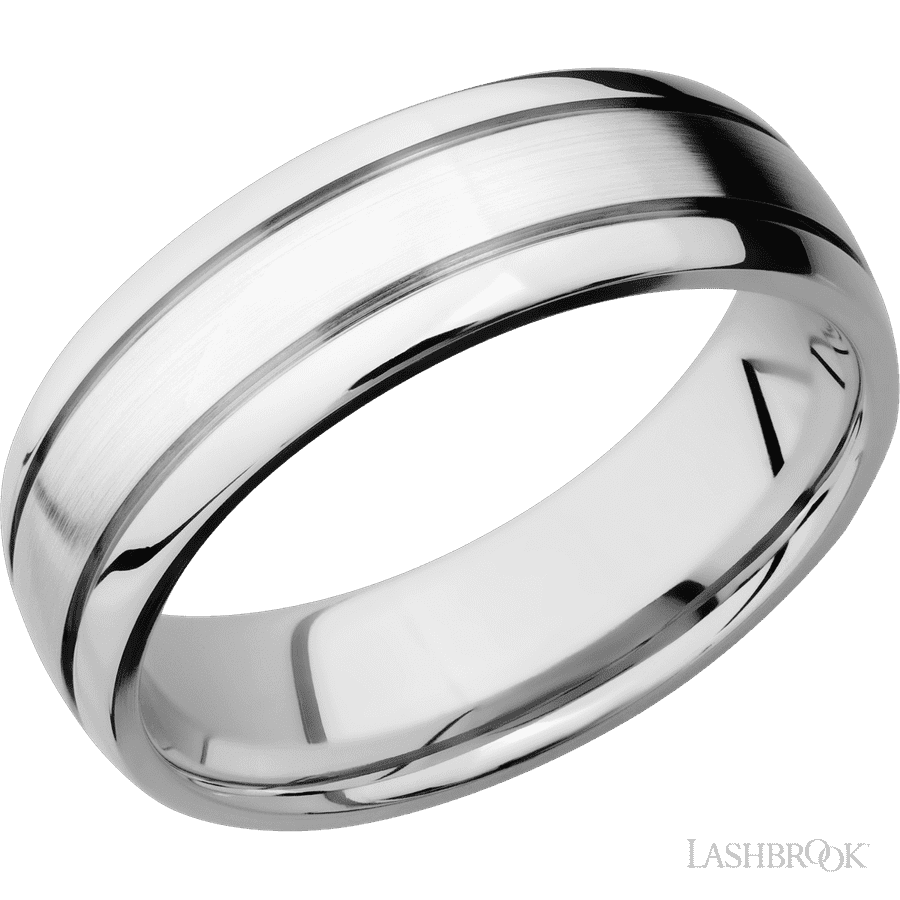 7 mm wide Domed with two accent grooves 14K White Gold band