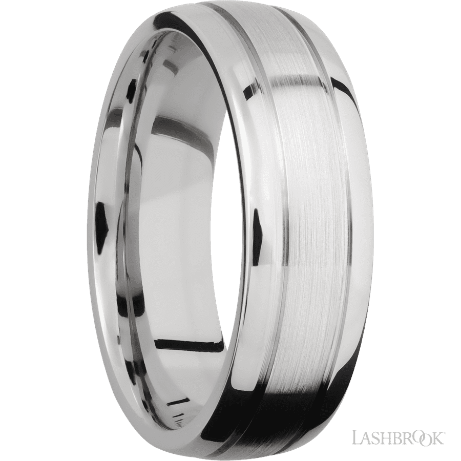 7 mm wide Domed with two accent grooves 14K White Gold band