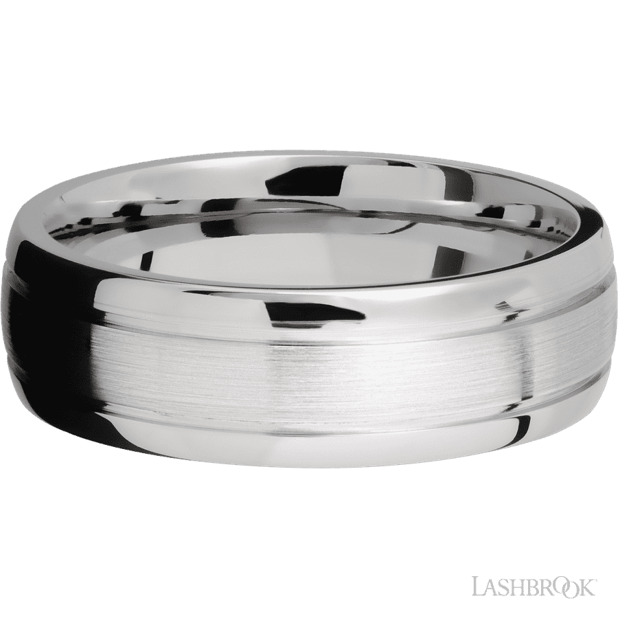 7 mm wide Domed with two accent grooves 14K White Gold band