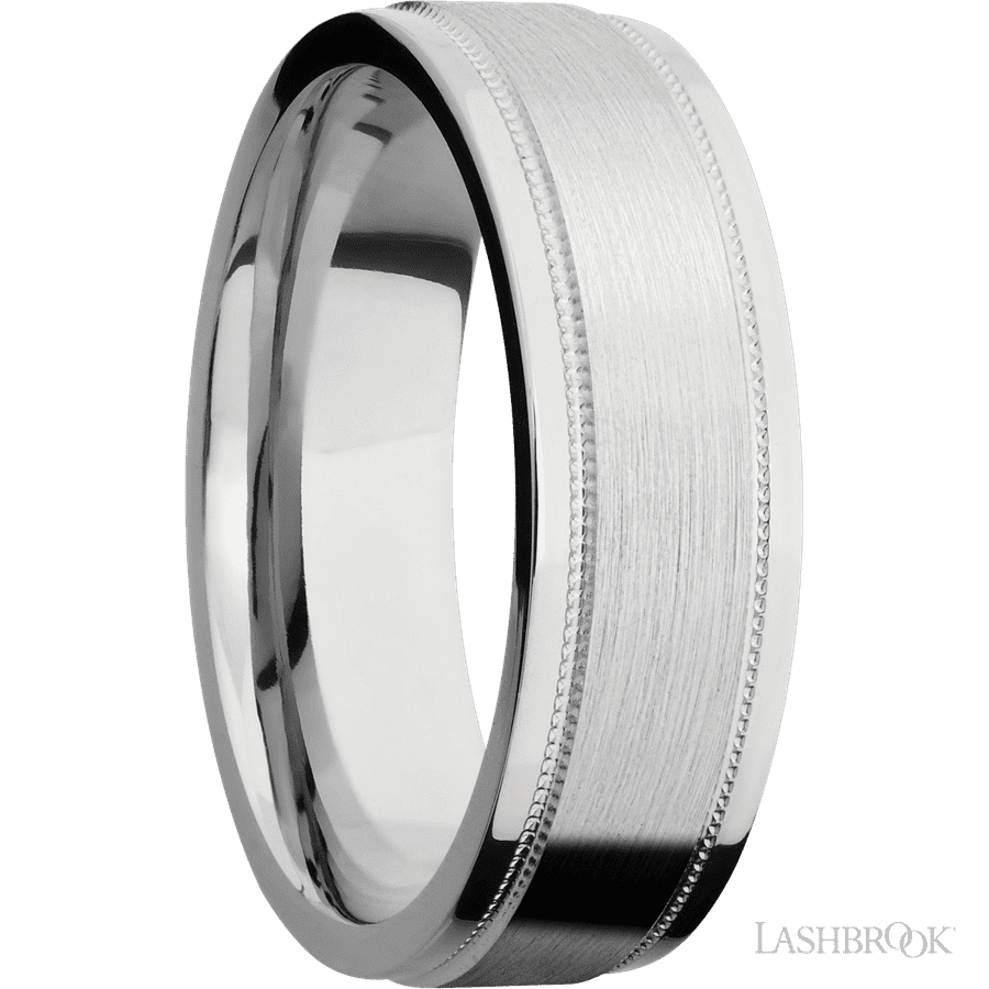 7 mm wide Flat Stepped Edges Milgrain 14K White Gold band