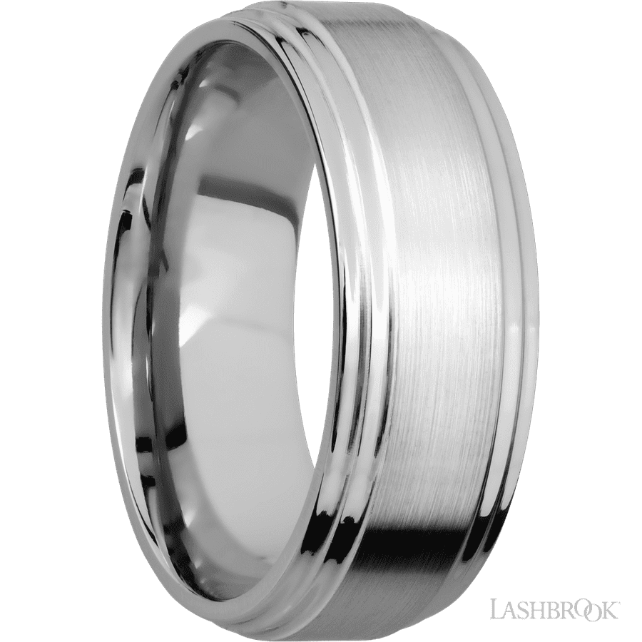 8 mm wide Flat Double Stepped Edges 14K White Gold band