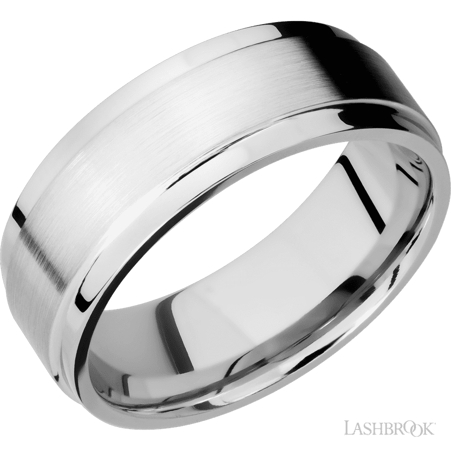 8 mm wide Flat Wide Grooved Edges 14K White Gold band