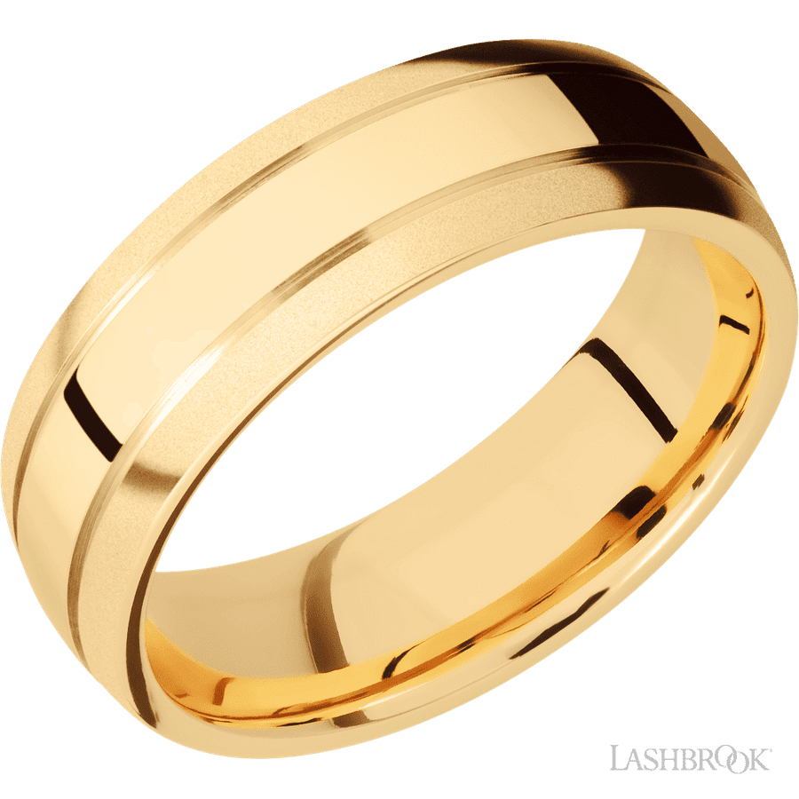 7 mm wide Domed with two accent grooves 14K Yellow Gold band