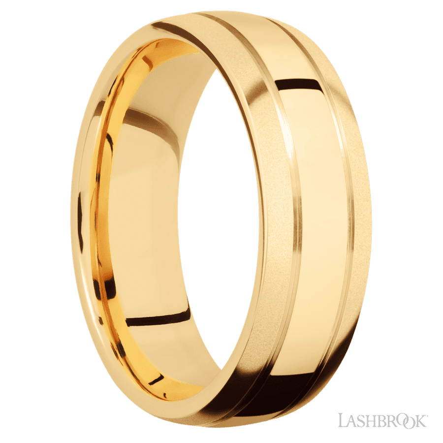 7 mm wide Domed with two accent grooves 14K Yellow Gold band