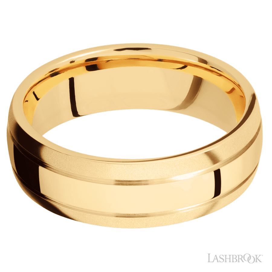 7 mm wide Domed with two accent grooves 14K Yellow Gold band