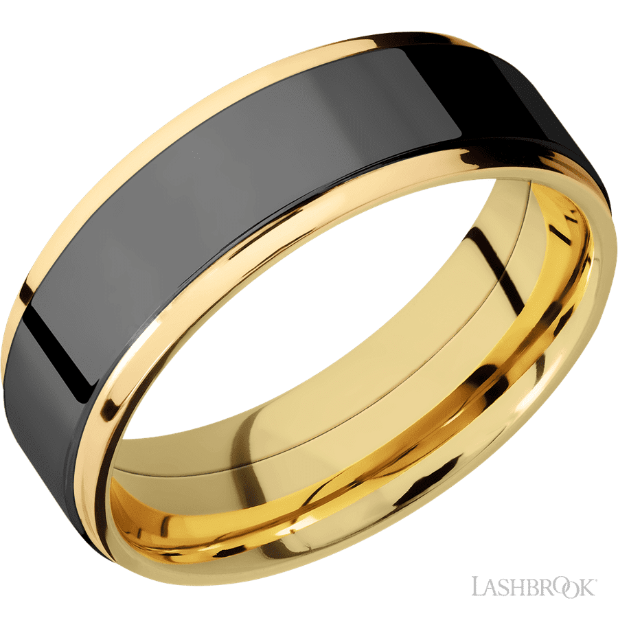 7 mm wide Flat Grooved Edges 14K Yellow Gold band