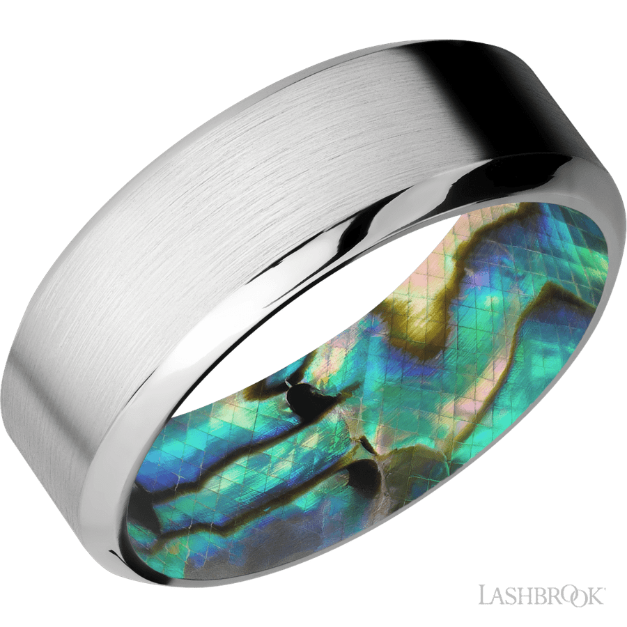 8 mm wide High Bevel Cobalt Chrome band featuring a Abalone sleeve