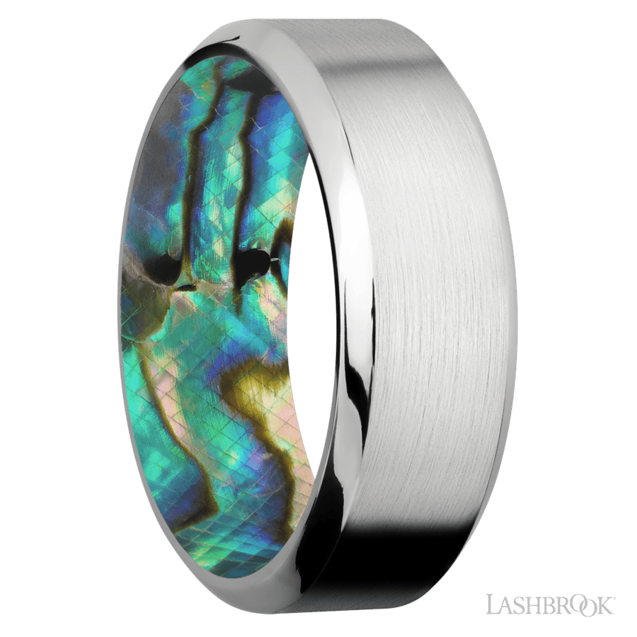 8 mm wide High Bevel Cobalt Chrome band featuring a Abalone sleeve