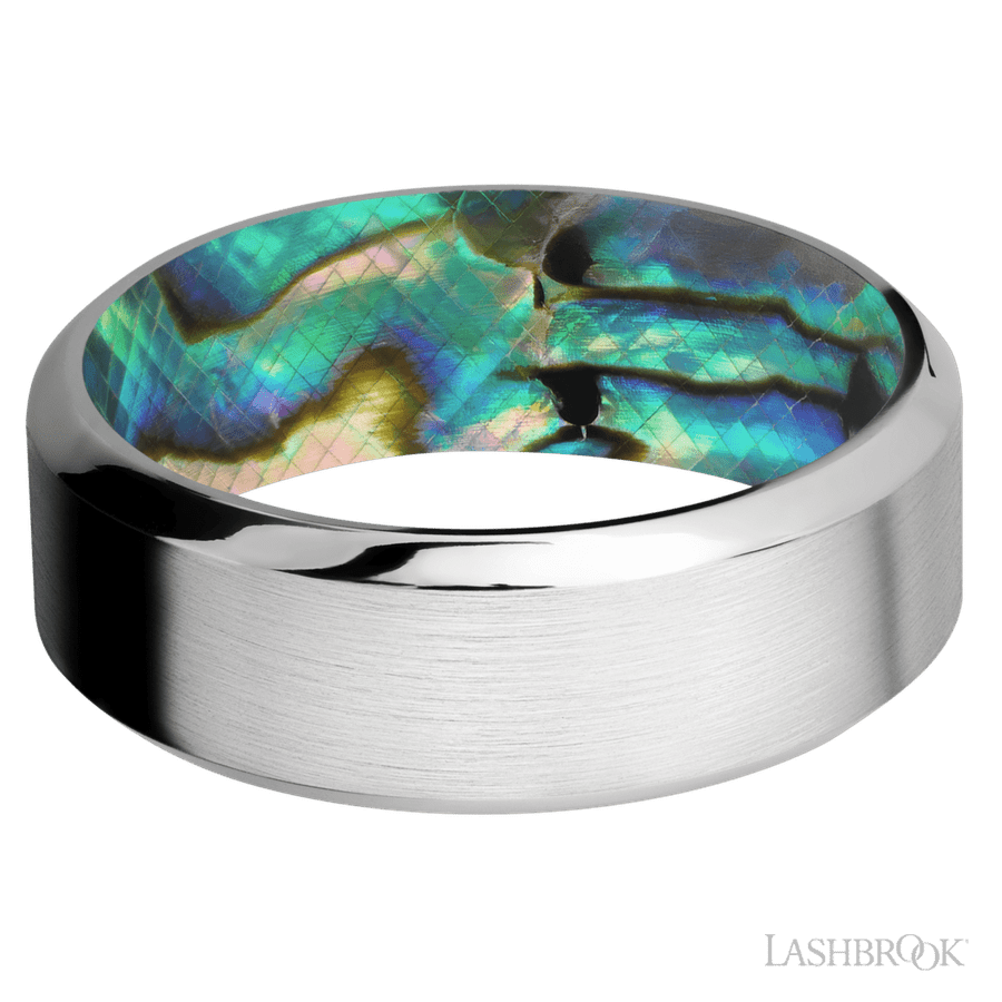 8 mm wide High Bevel Cobalt Chrome band featuring a Abalone sleeve