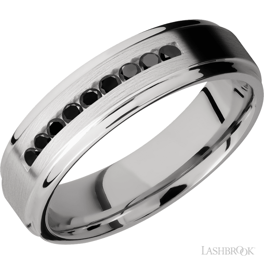 6 mm wide Flat Grooved Edges Cobalt Chrome band w/ Black Diamond Accent