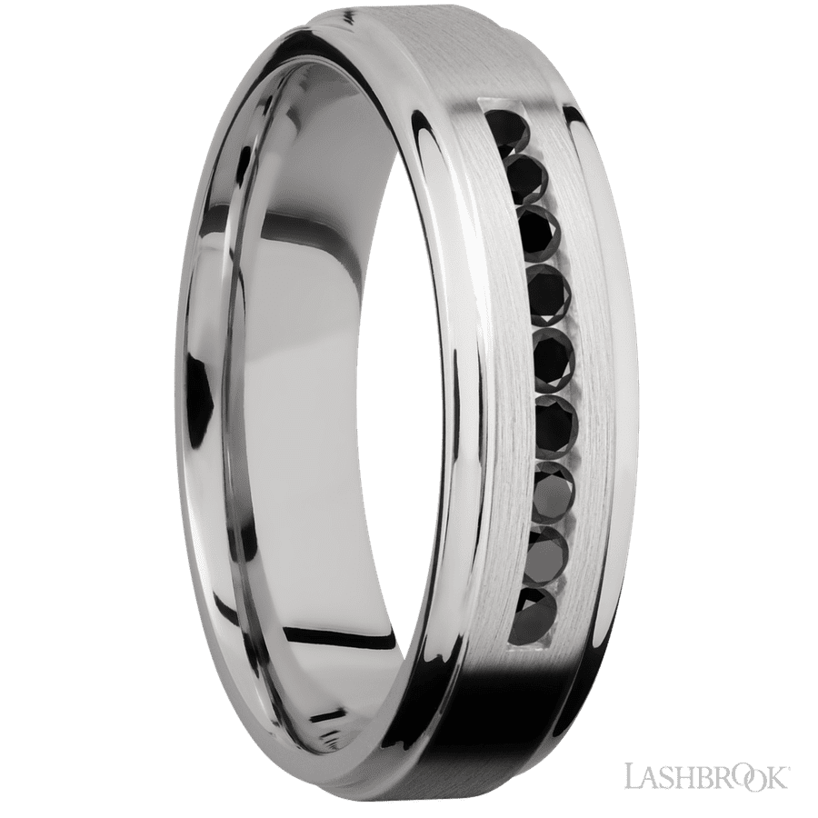 6 mm wide Flat Grooved Edges Cobalt Chrome band w/ Black Diamond Accent