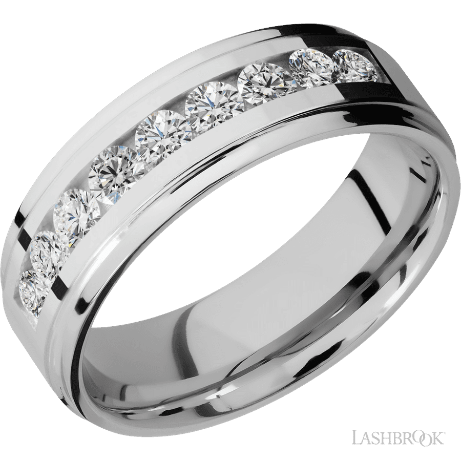 7 mm wide Flat Grooved Edges Cobalt Chrome band w/ Diamond Accent