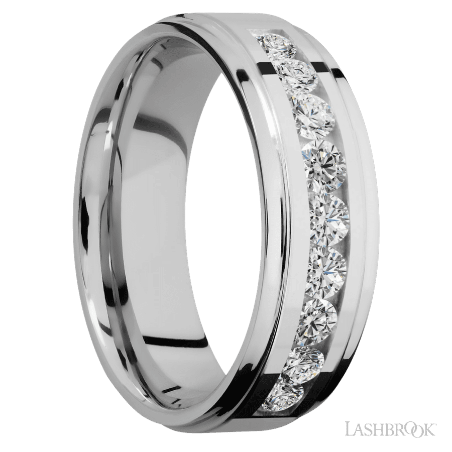 7 mm wide Flat Grooved Edges Cobalt Chrome band w/ Diamond Accent