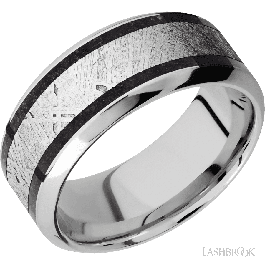 9 mm wide High Bevel Cobalt Chrome band featuring inlays of Dinosaur Bone Black and Meteorite