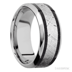 9 mm wide High Bevel Cobalt Chrome band featuring inlays of Dinosaur Bone Black and Meteorite