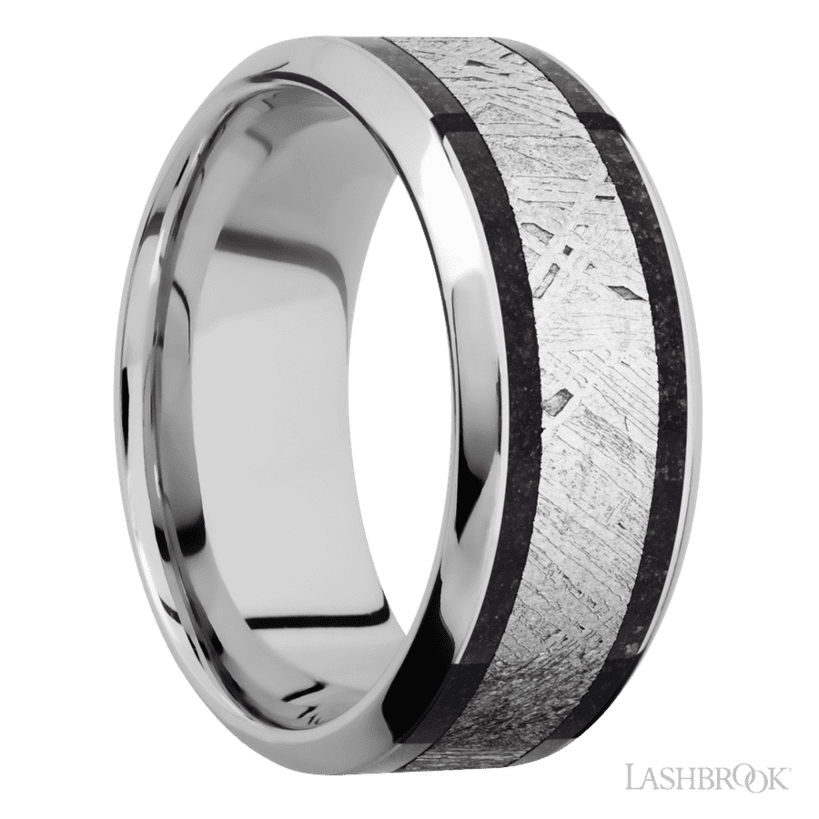 9 mm wide High Bevel Cobalt Chrome band featuring inlays of Dinosaur Bone Black and Meteorite