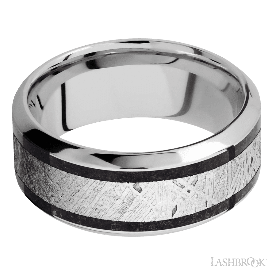 9 mm wide High Bevel Cobalt Chrome band featuring inlays of Dinosaur Bone Black and Meteorite