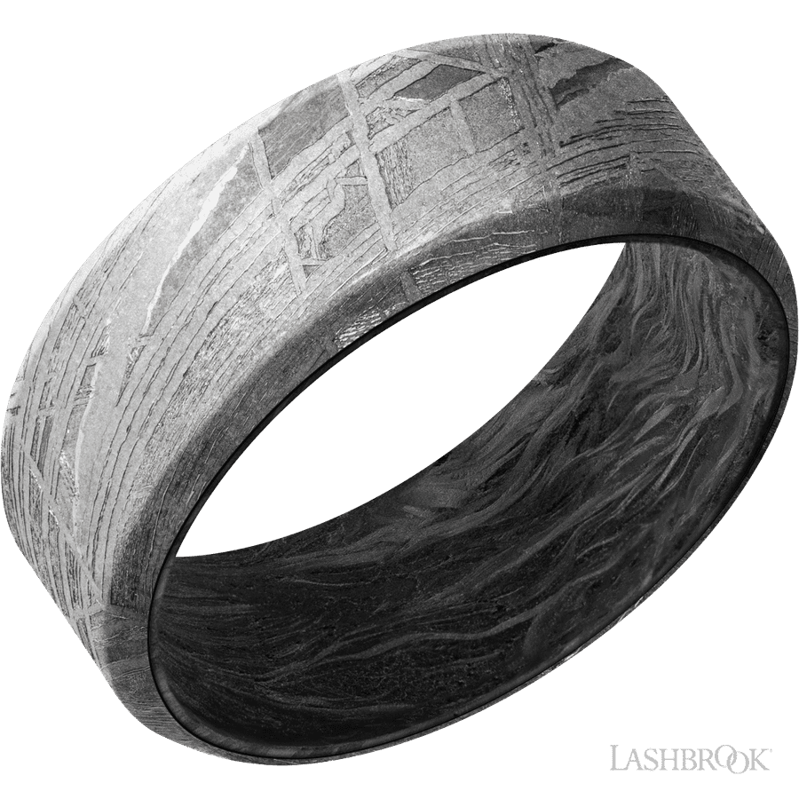 8 mm wide Beveled Meteorite band featuring a Forged Carbon Fiber sleeve
