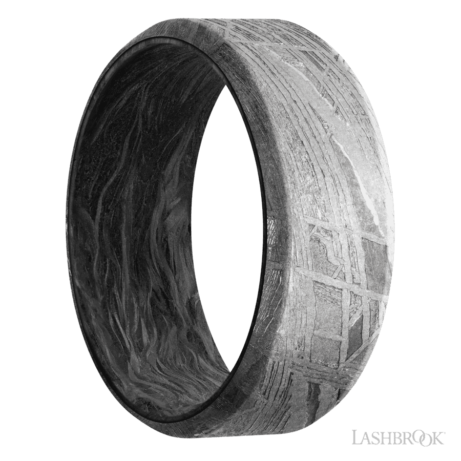 8 mm wide Beveled Meteorite band featuring a Forged Carbon Fiber sleeve