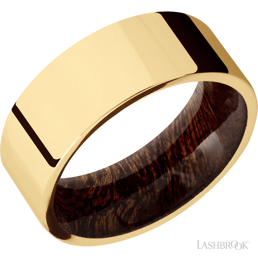 8 mm wide Flat 14K Yellow Gold band featuring a Sapele sleeve