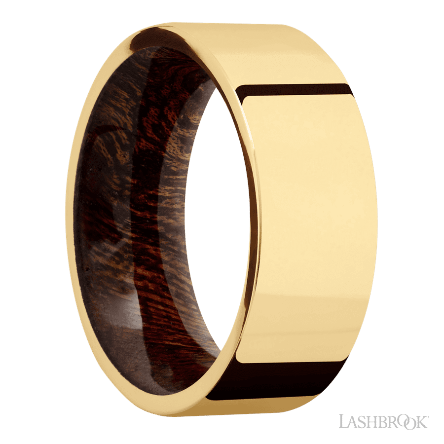 8 mm wide Flat 14K Yellow Gold band featuring a Sapele sleeve