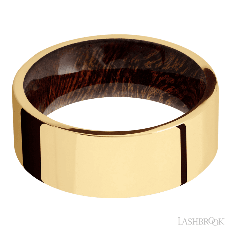 8 mm wide Flat 14K Yellow Gold band featuring a Sapele sleeve