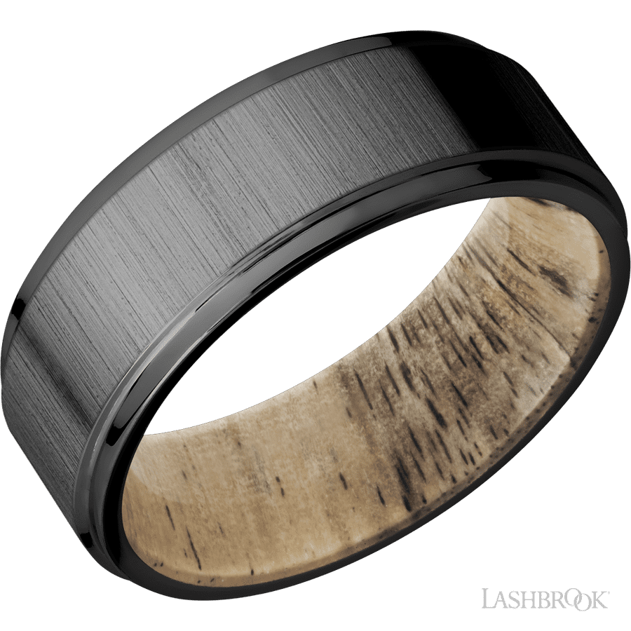 8 mm wide Flat Grooved Edges Zirconium band featuring a Spalted Tamarind sleeve