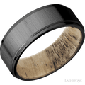 8 mm wide Flat Grooved Edges Zirconium band featuring a Spalted Tamarind sleeve