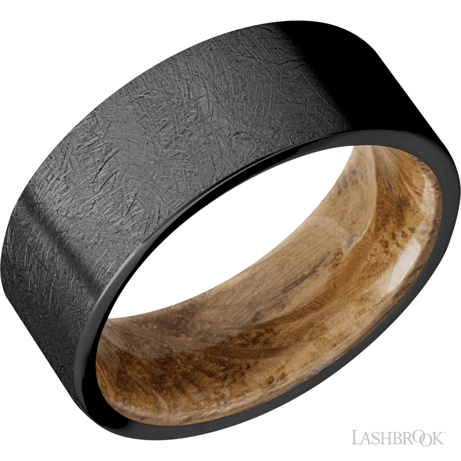 8 mm wide Flat Zirconium band featuring a Whiskey Barrel sleeve