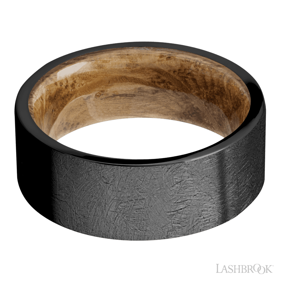 8 mm wide Flat Zirconium band featuring a Whiskey Barrel sleeve