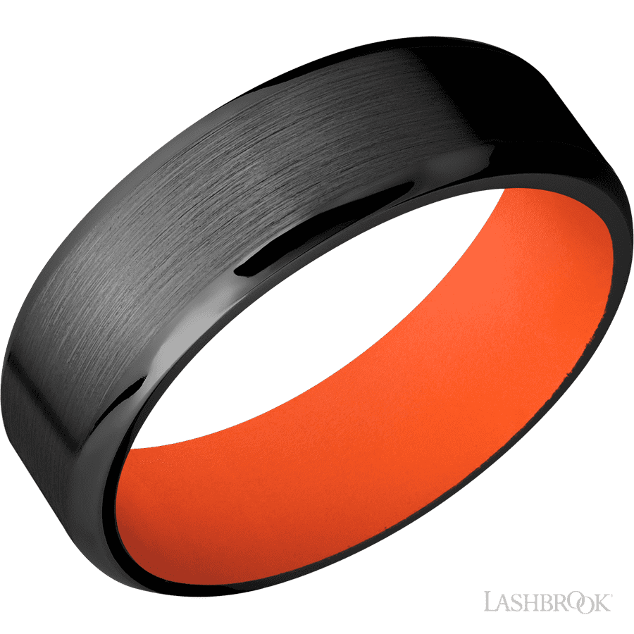 7 mm wide Beveled Zirconium band featuring a Hunter Orange sleeve