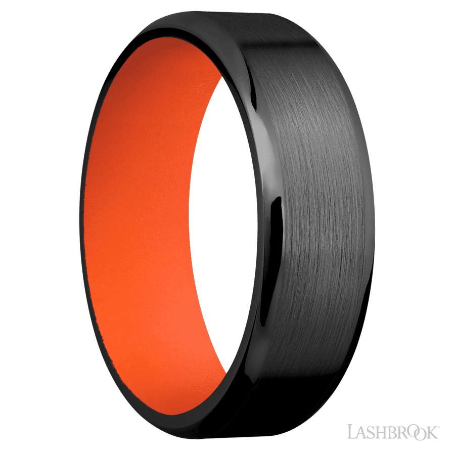 7 mm wide Beveled Zirconium band featuring a Hunter Orange sleeve
