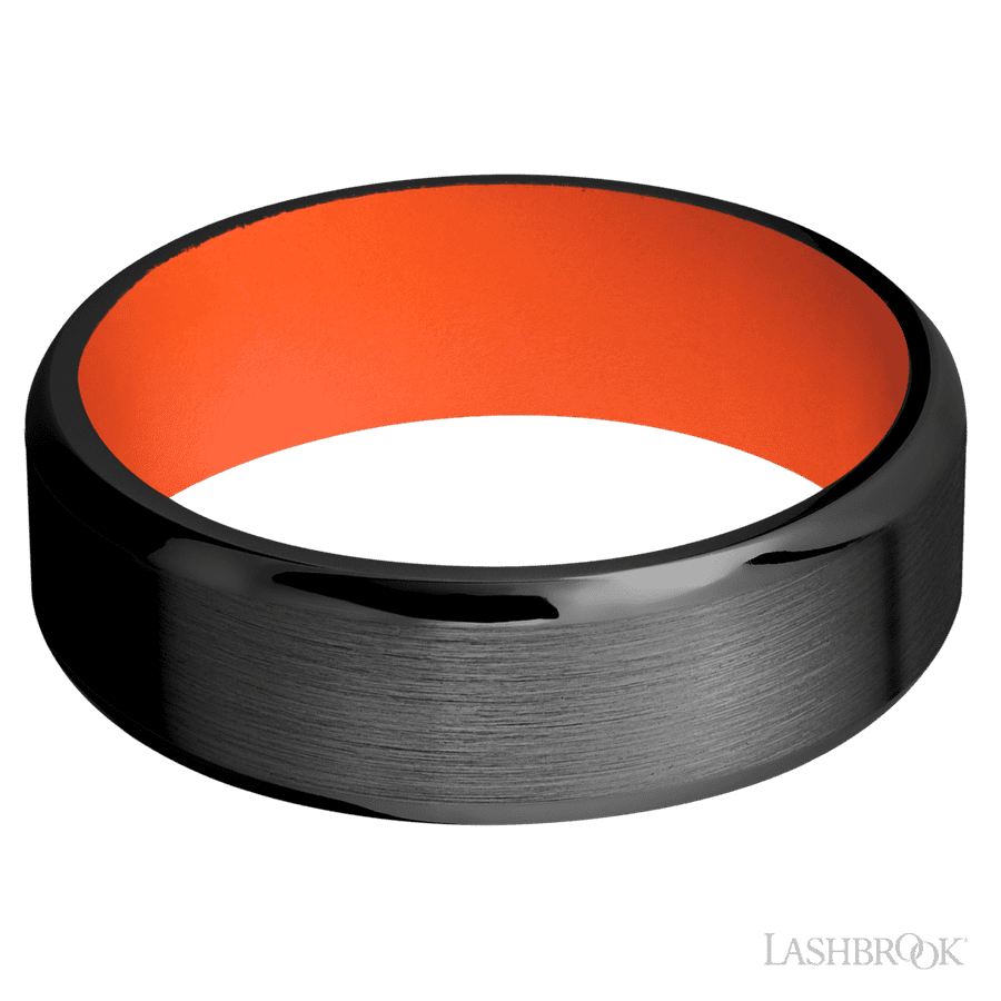7 mm wide Beveled Zirconium band featuring a Hunter Orange sleeve
