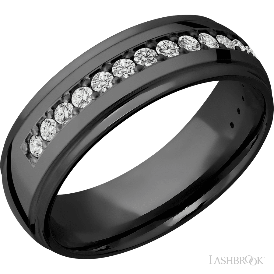7 mm wide Domed Stepped Down Edges Zirconium band w/ Diamond Accent