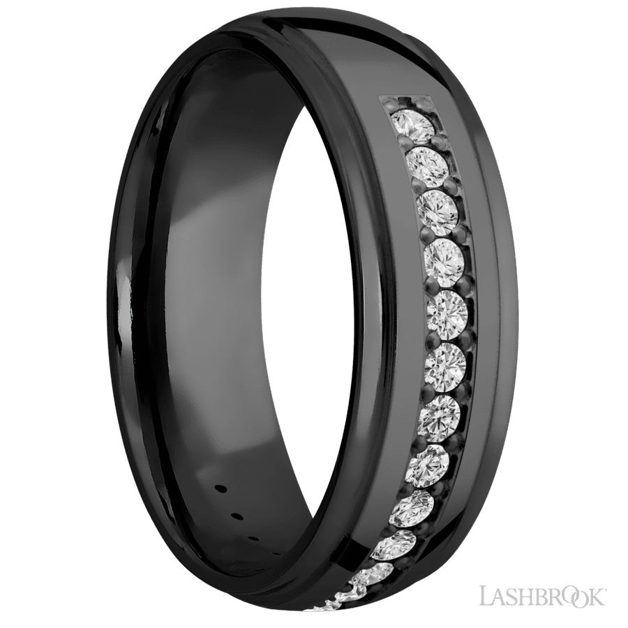 7 mm wide Domed Stepped Down Edges Zirconium band w/ Diamond Accent