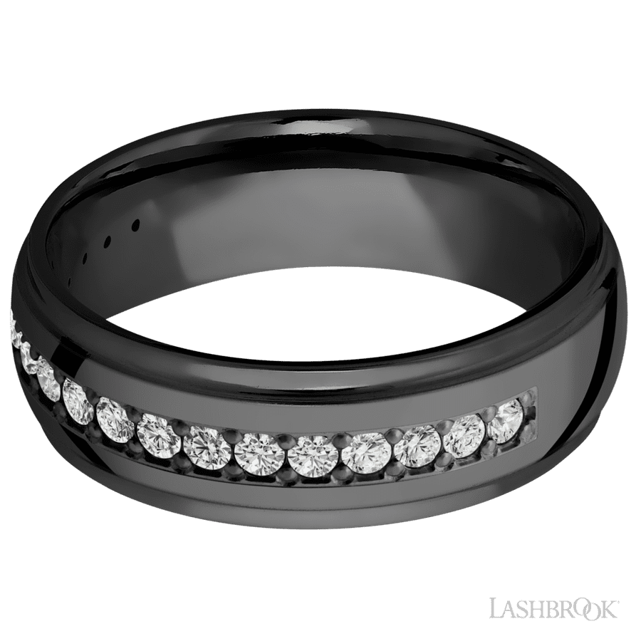7 mm wide Domed Stepped Down Edges Zirconium band w/ Diamond Accent