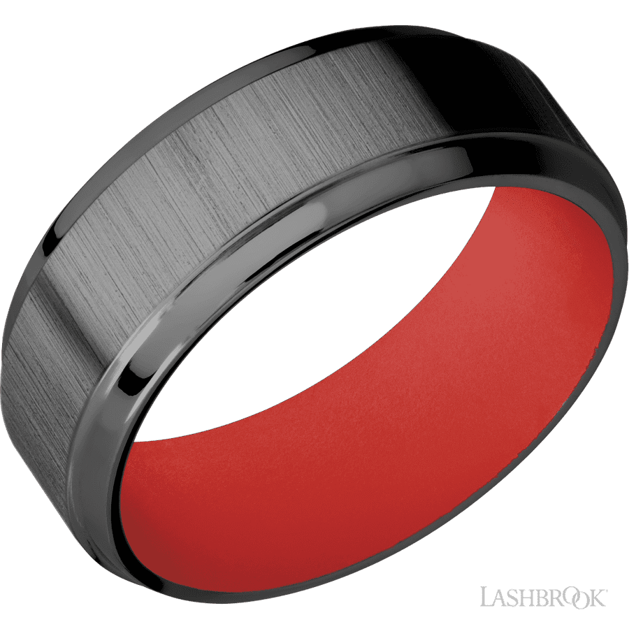 8 mm wide Stepped Bevel Zirconium band featuring a USMC Red sleeve