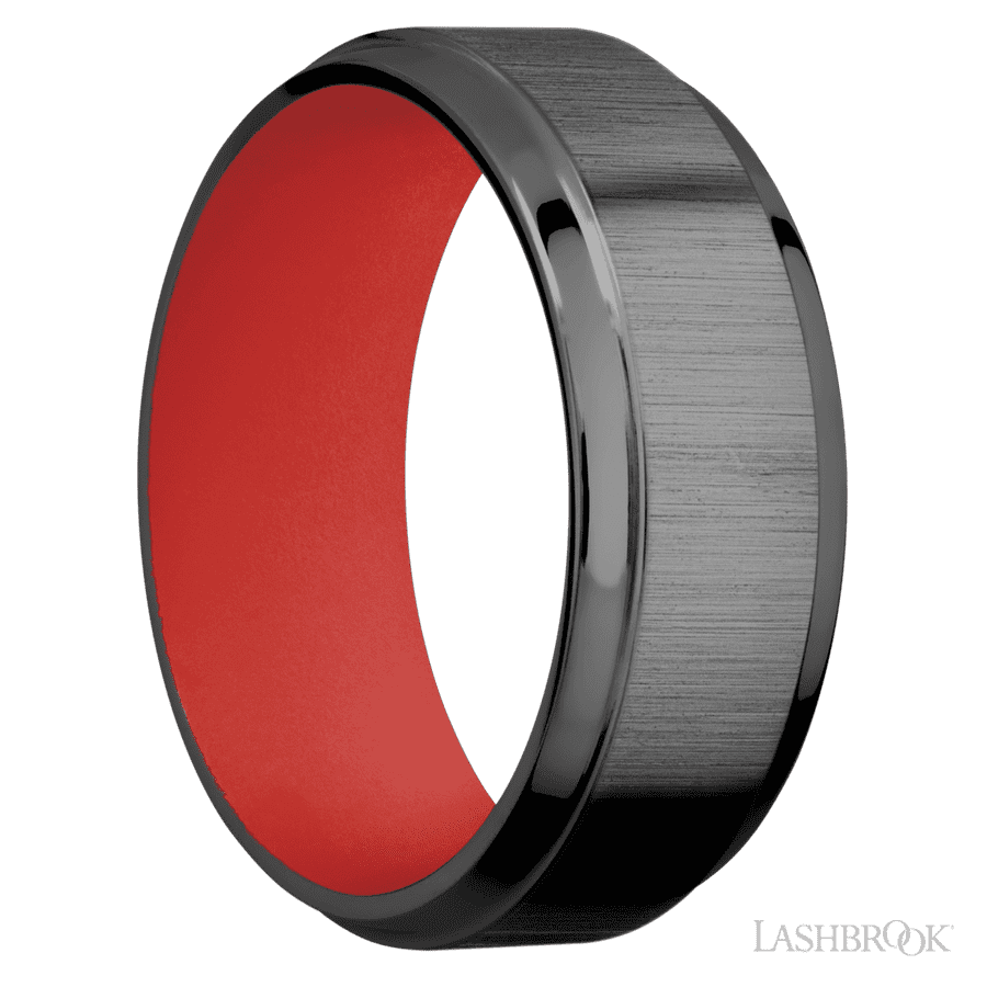 8 mm wide Stepped Bevel Zirconium band featuring a USMC Red sleeve