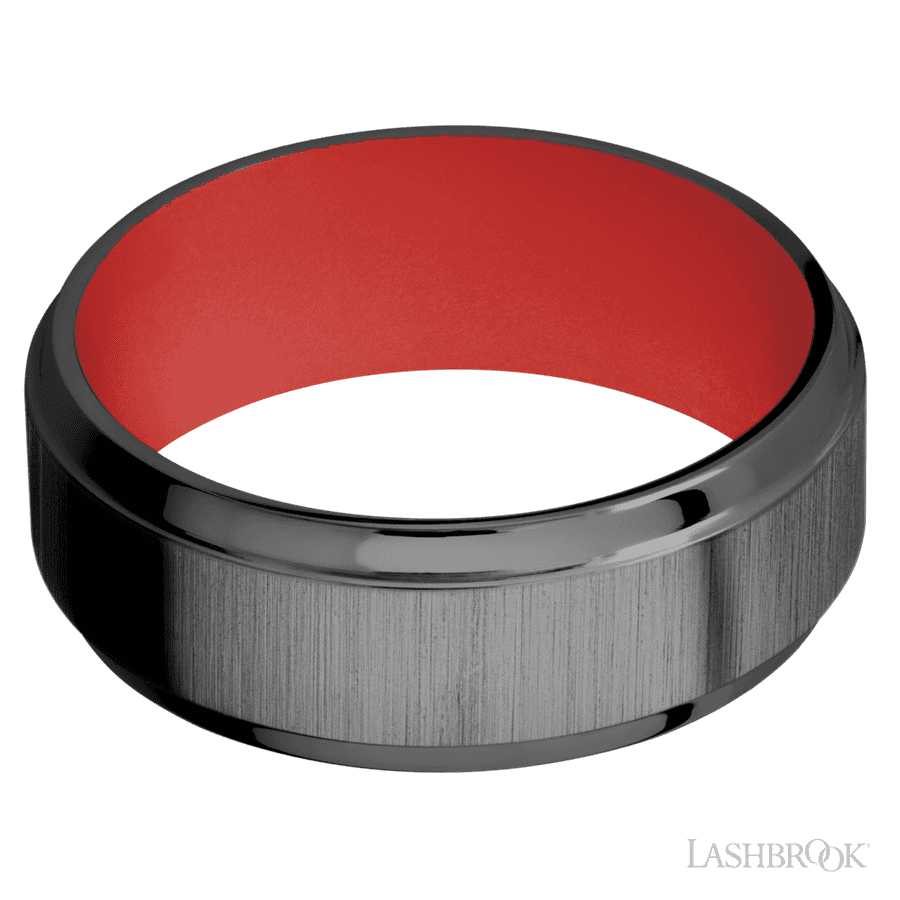 8 mm wide Stepped Bevel Zirconium band featuring a USMC Red sleeve