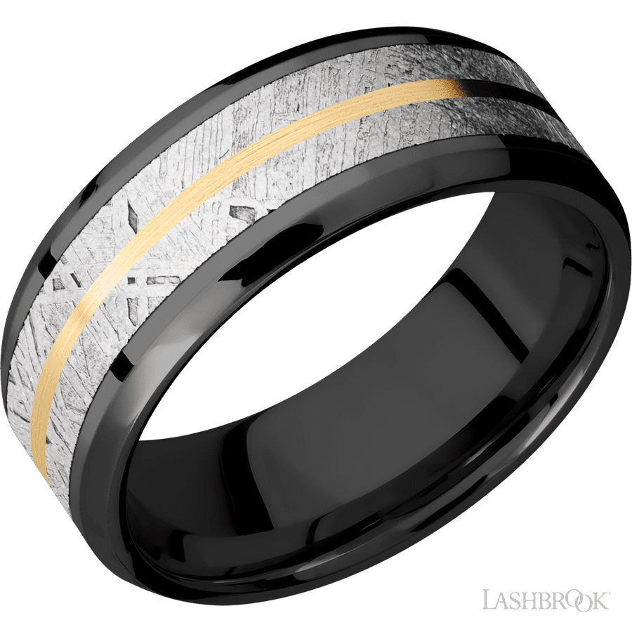 8 mm wide Beveled Zirconium band featuring inlays of Meteorite and 14K Yellow Gold