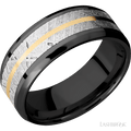 8 mm wide Beveled Zirconium band featuring inlays of Meteorite and 14K Yellow Gold