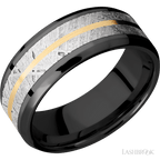 8 mm wide Beveled Zirconium band featuring inlays of Meteorite and 14K Yellow Gold