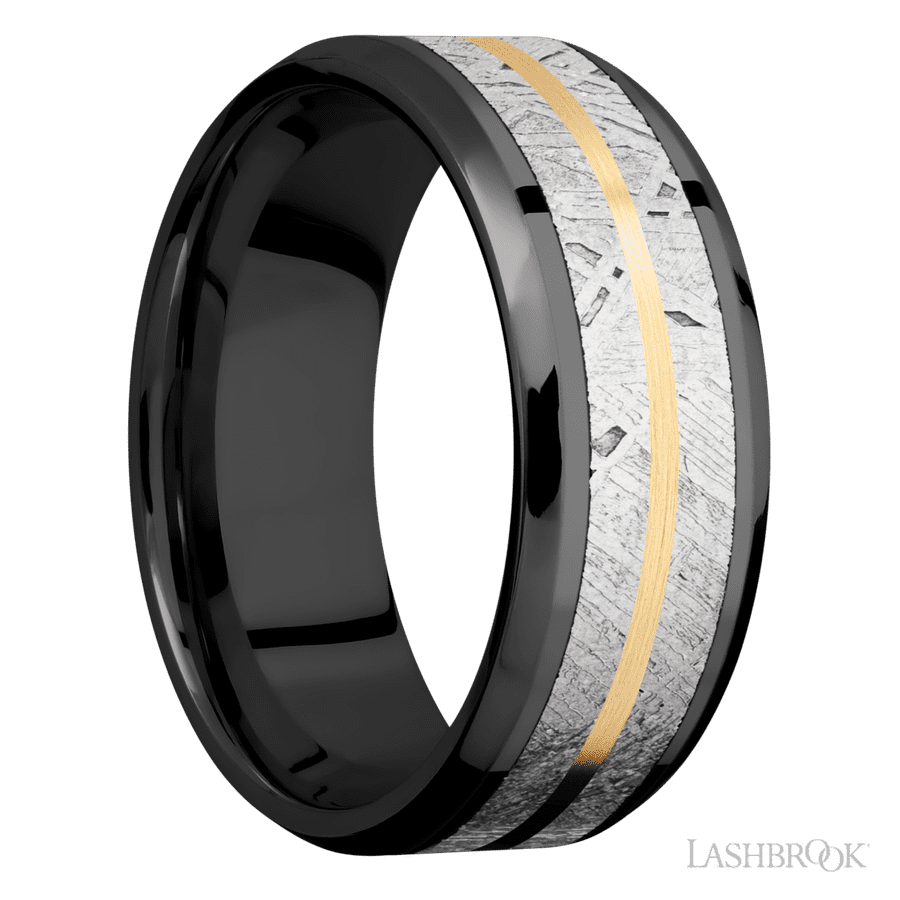 8 mm wide Beveled Zirconium band featuring inlays of Meteorite and 14K Yellow Gold