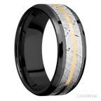 8 mm wide Beveled Zirconium band featuring inlays of Meteorite and 14K Yellow Gold
